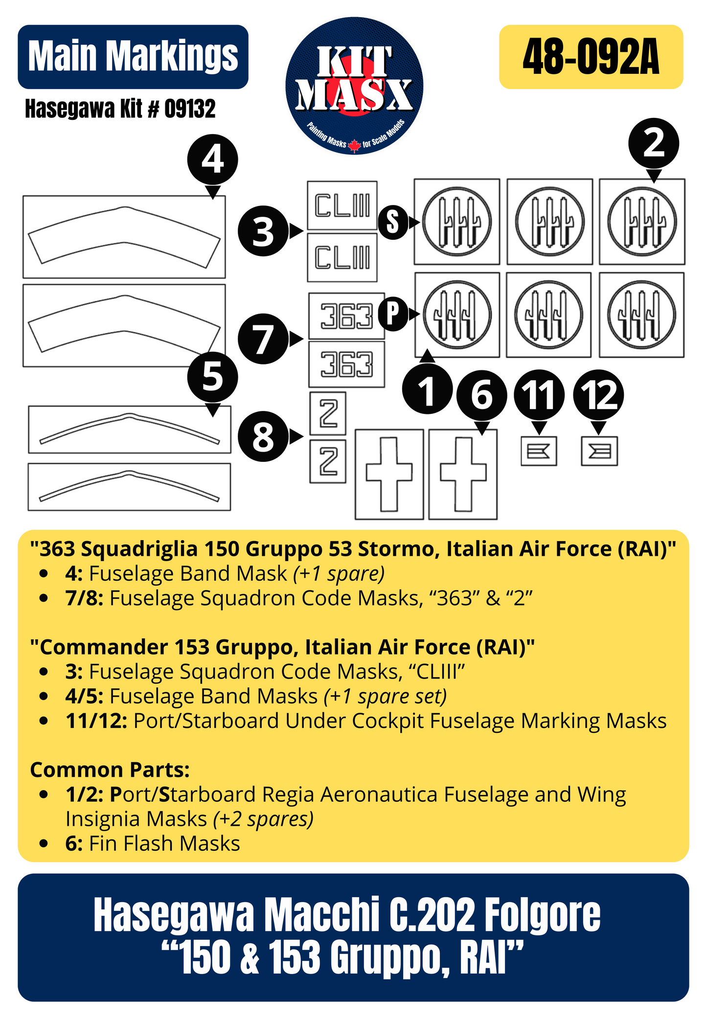 Hasegawa Macchi C.202 Folgore “150 & 153 Gruppo, RAI” 1/48 Master Mask Set, Kit # 09132