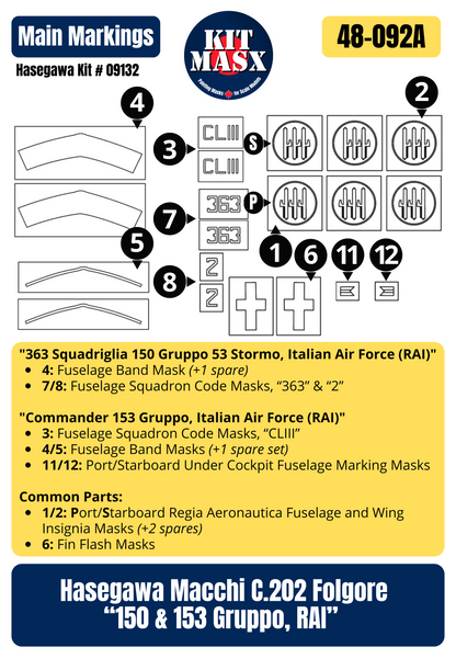 Hasegawa Macchi C.202 Folgore “150 & 153 Gruppo, RAI” 1/48 Master Mask Set, Kit # 09132