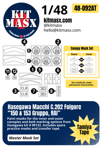 Hasegawa Macchi C.202 Folgore “150 & 153 Gruppo, RAI” 1/48 Master Mask Set, Kit # 09132