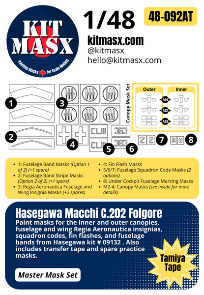 Hasegawa Macchi C.202 Folgore 1/48 Canopy & Main Marking Paint Masks, Kit # 09132