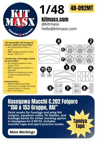 Hasegawa Macchi C.202 Folgore “150 & 153 Gruppo, RAI” 1/48 Main Marking Paint Masks, Kit # 09132