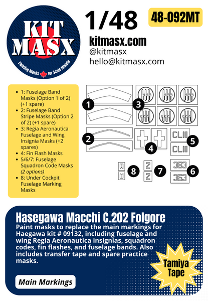 Hasegawa Macchi C.202 Folgore 1/48 Canopy & Main Marking Paint Masks, Kit # 09132