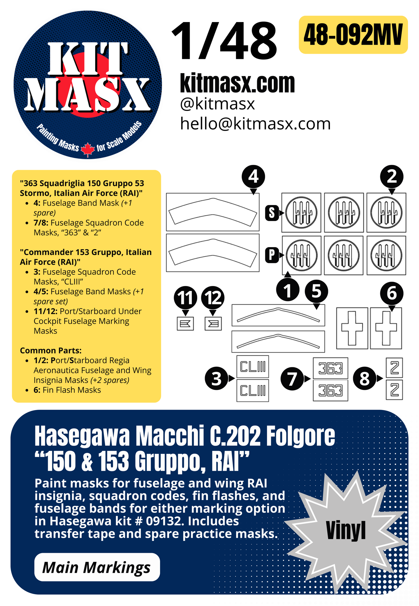 Hasegawa Macchi C.202 Folgore “150 & 153 Gruppo, RAI” 1/48 Main Marking Paint Masks, Kit # 09132
