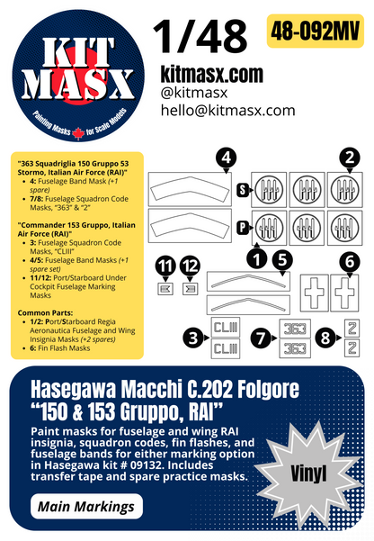 Hasegawa Macchi C.202 Folgore “150 & 153 Gruppo, RAI” 1/48 Main Marking Paint Masks, Kit # 09132