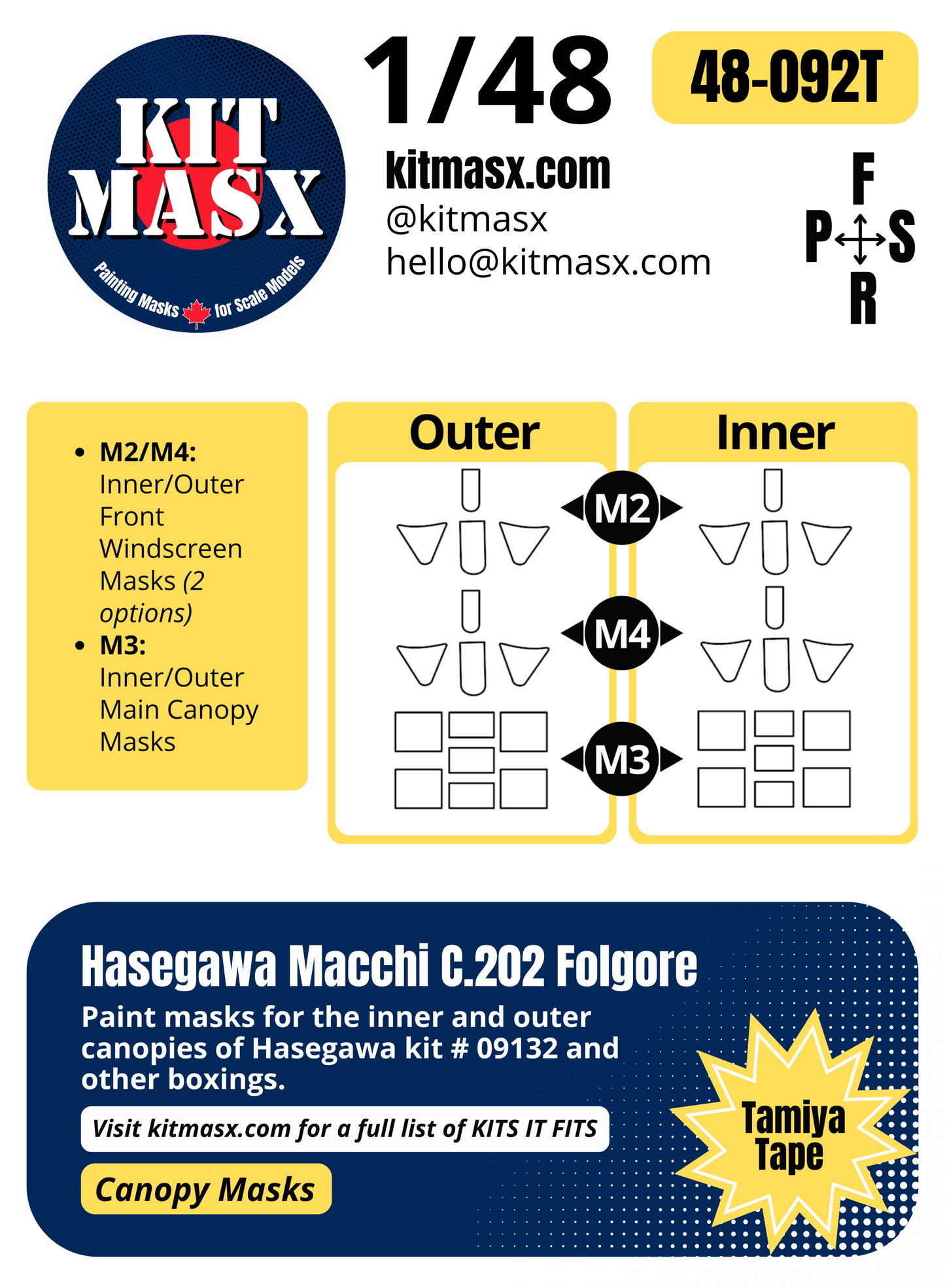 Hasegawa Macchi C.202 Folgore 1/48 Canopy Paint Masks, Kit # 09132