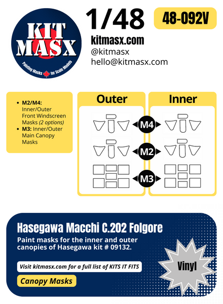 Hasegawa Macchi C.202 Folgore 1/48 Canopy Paint Masks, Kit # 09132