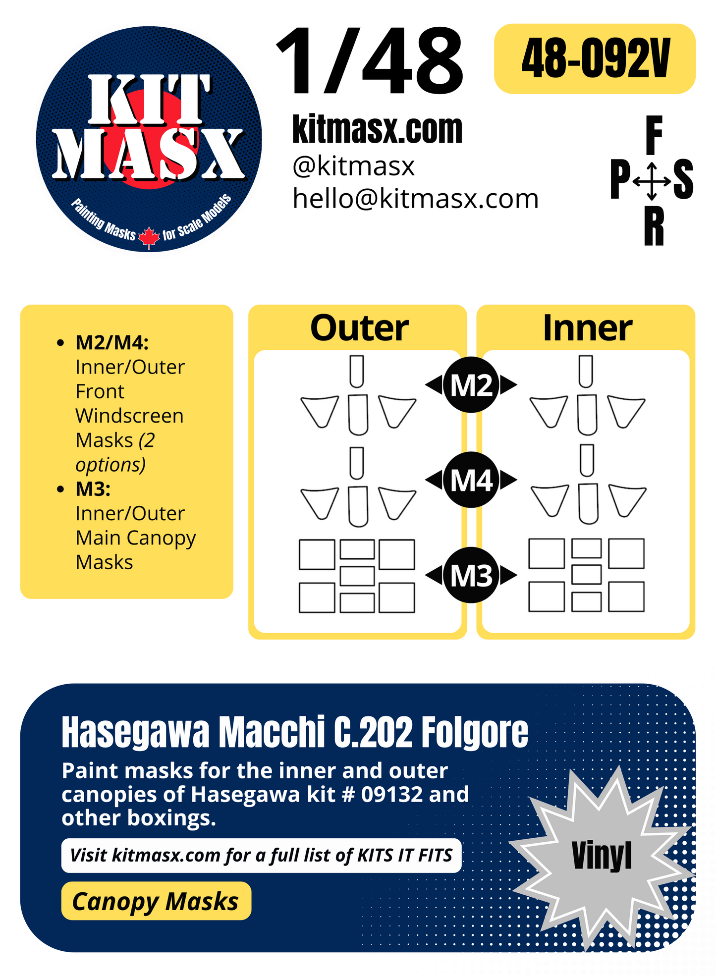 Hasegawa Macchi C.202 Folgore 1/48 Canopy Paint Masks, Kit # 09132