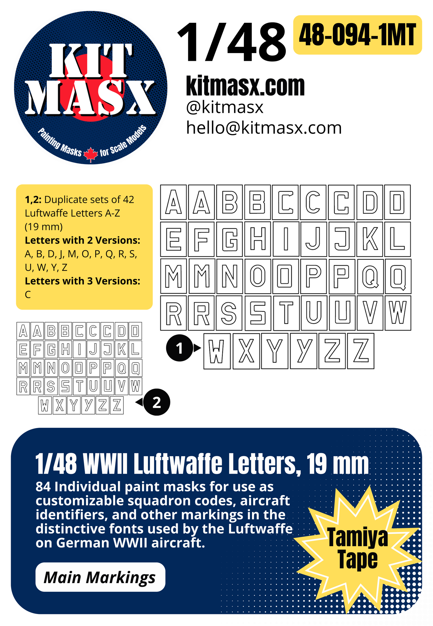 1/48 WWII Luftwaffe Letters, 4 Sizes: 9.75 mm, 12.5 mm, 13 mm, 19mm Main Marking Paint Masks
