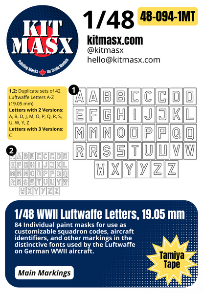 1/48 WWII Luftwaffe Letters, 3 Sizes: 19.05 mm, 13.05 mm, 9.75 mm Main Marking Paint Masks