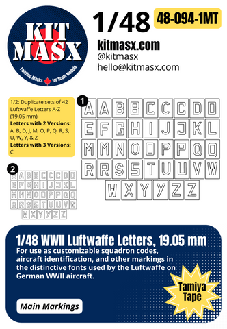 1/48 WWII Luftwaffe Letters Main Marking Paint Masks in 3 Sizes: 19.05 mm, 13.05 mm, 9.75 mm