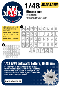 1/48 WWII Luftwaffe Letters, 3 Sizes: 19.05 mm, 13.05 mm, 9.75 mm Main Marking Paint Masks