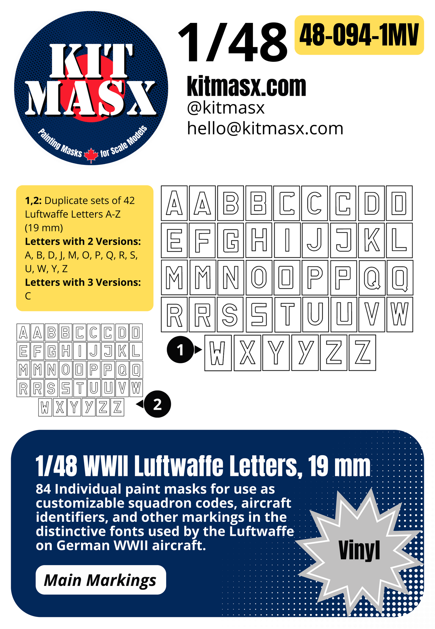 1/48 WWII Luftwaffe Letters, 4 Sizes: 9.75 mm, 12.5 mm, 13 mm, 19mm Main Marking Paint Masks