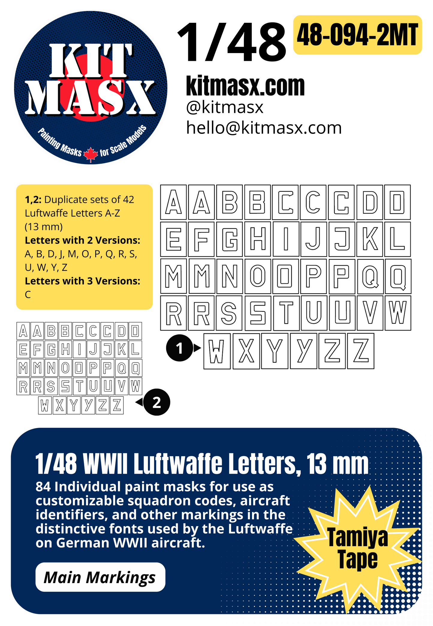 1/48 WWII Luftwaffe Letters, 4 Sizes: 9.75 mm, 12.5 mm, 13 mm, 19mm Main Marking Paint Masks