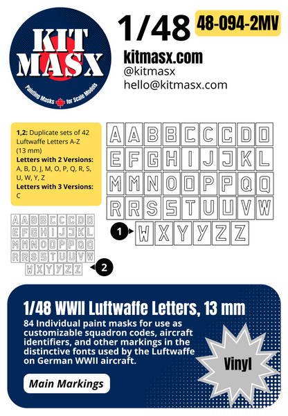 1/48 WWII Luftwaffe Letters, 4 Sizes: 9.75 mm, 12.5 mm, 13 mm, 19mm Main Marking Paint Masks