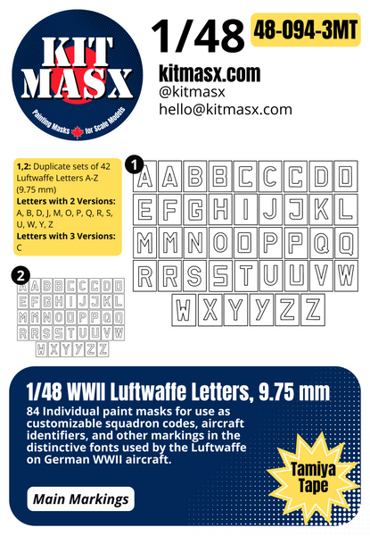 1/48 WWII Luftwaffe Letters, 3 Sizes: 19.05 mm, 13.05 mm, 9.75 mm Main Marking Paint Masks