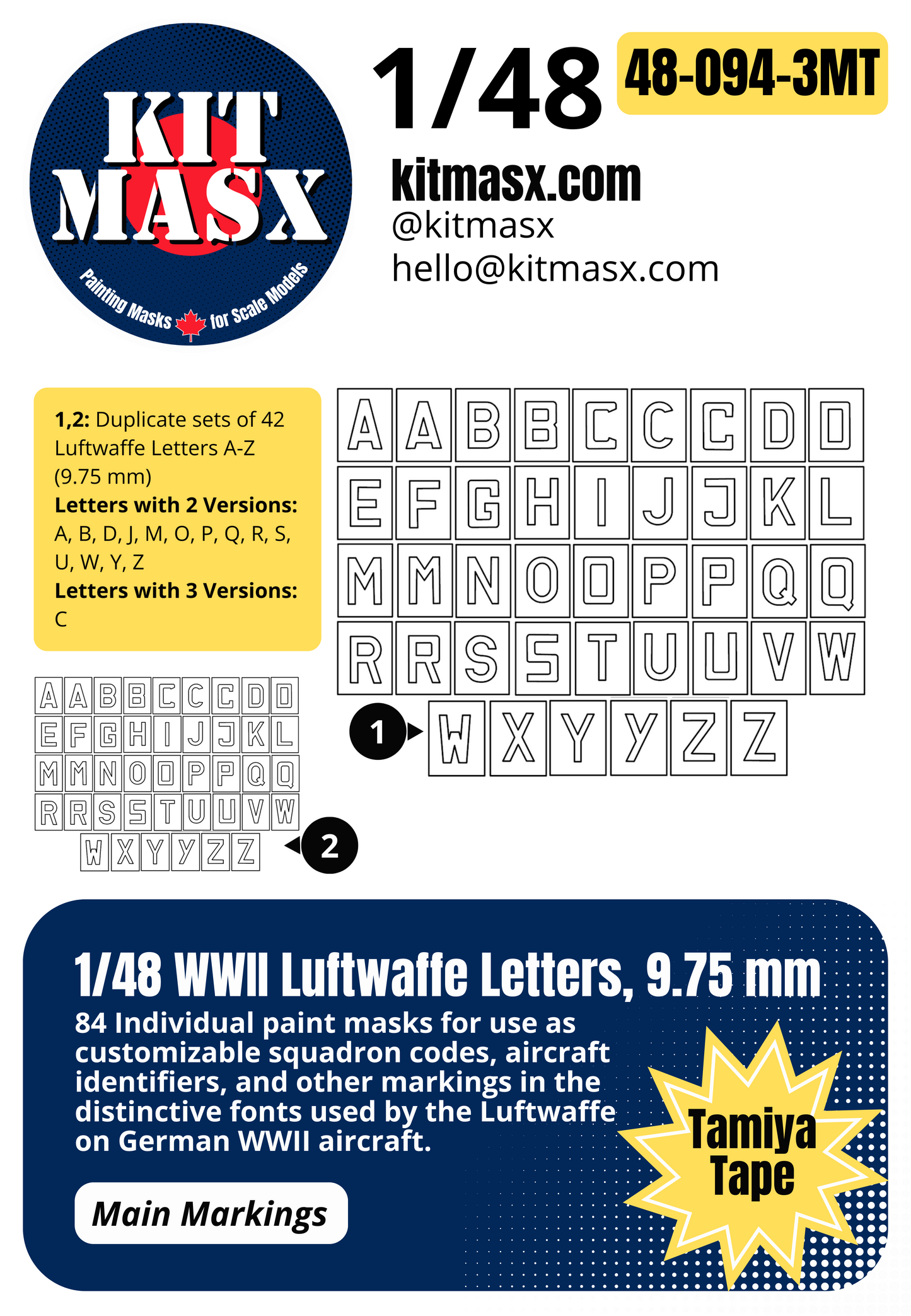 1/48 WWII Luftwaffe Letters, 4 Sizes: 9.75 mm, 12.5 mm, 13 mm, 19mm Main Marking Paint Masks