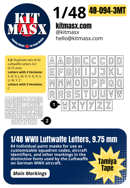 1/48 WWII Luftwaffe Letters, 4 Sizes: 9.75 mm, 12.5 mm, 13 mm, 19mm Main Marking Paint Masks