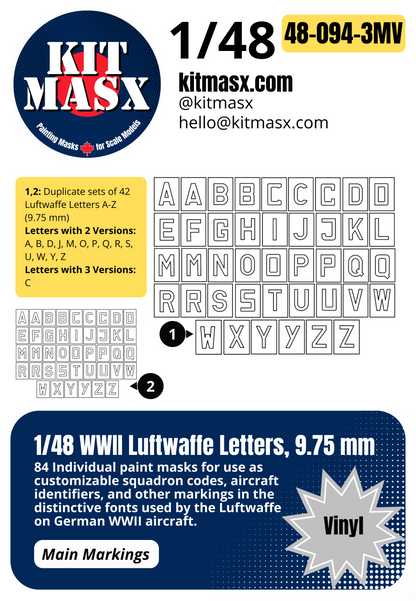 1/48 WWII Luftwaffe Letters, 4 Sizes: 9.75 mm, 12.5 mm, 13 mm, 19mm Main Marking Paint Masks