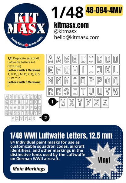 1/48 WWII Luftwaffe Letters, 4 Sizes: 9.75 mm, 12.5 mm, 13 mm, 19mm Main Marking Paint Masks