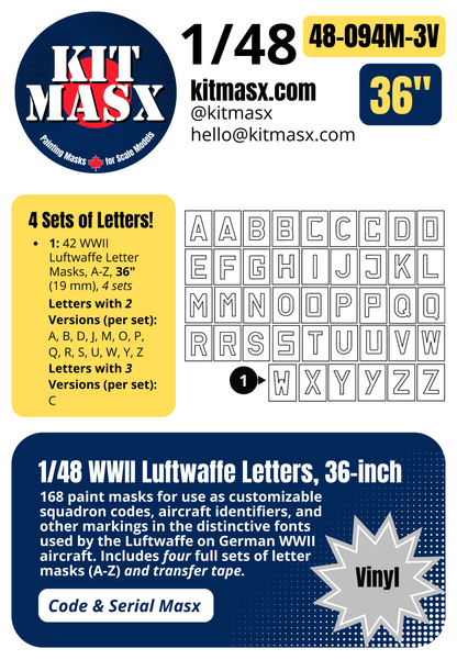 WWII Luftwaffe Letters A-Z 1/48 Code & Serial Paint Masks