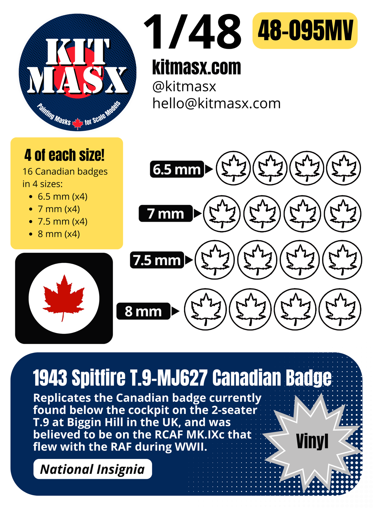 1943 Spitfire T.9-MJ627 Canadian Badge 1/48 National Insignia