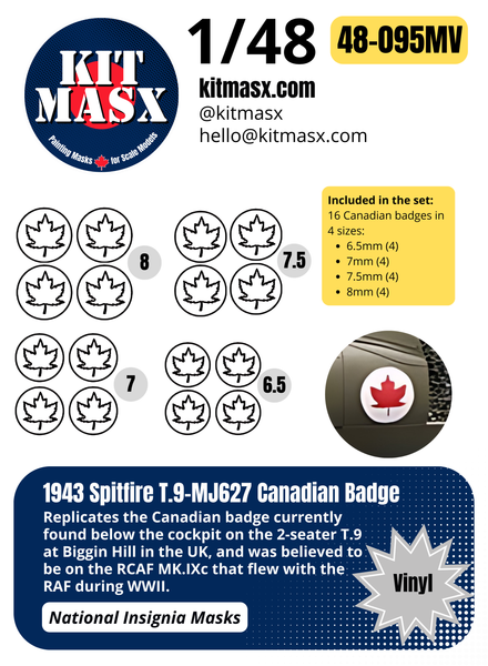 1943 Spitfire T.9-MJ627 Canadian Badge 1/48 National Insignia Masks