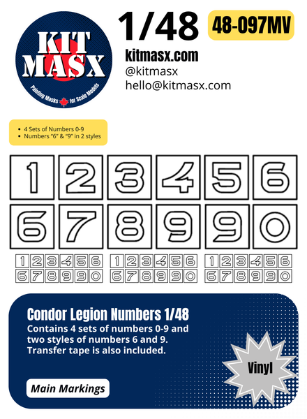 Condor Legion Numbers 1/32, 1/48, & 1/72 Main Marking Paint Masks