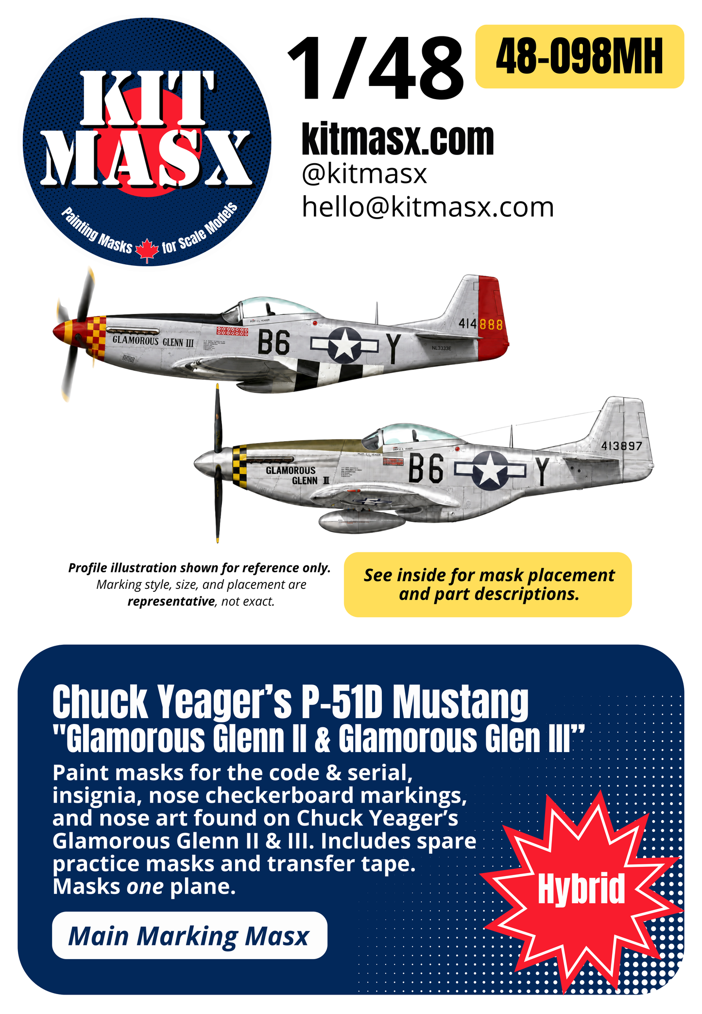 Chuck Yeager’s P-51D Mustang "Glamorous Glenn II" & "Glamorous Glen III" 1/48 Main Marking Paint Masks