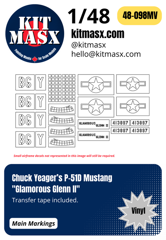 Chuck Yeager’s P-51D Mustang "Glamorous Glenn II" 1/48 Main Marking Paint Masks