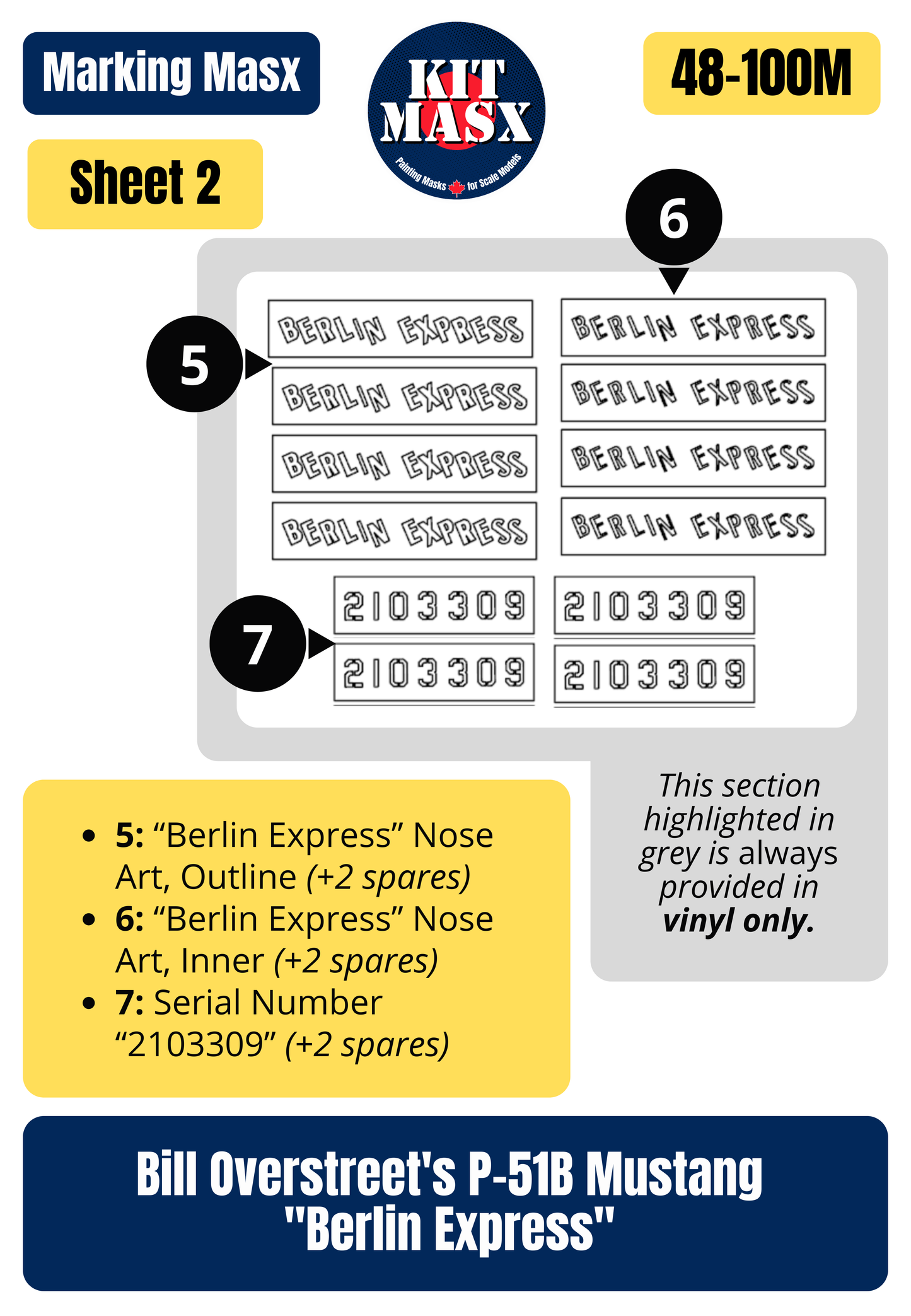 Bill Overstreet's P-51B Mustang "Berlin Express" 1/48 Main Marking Paint Masks
