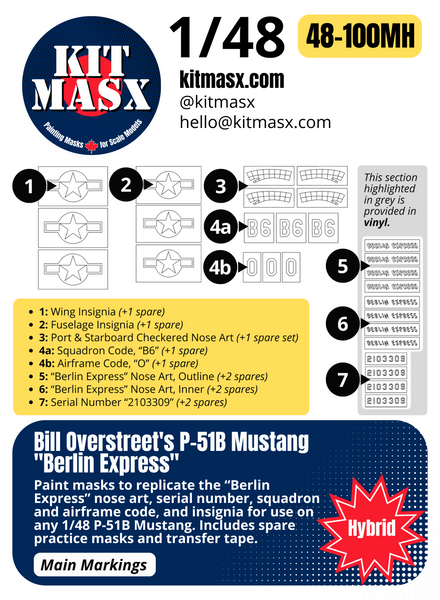 Bill Overstreet's P-51B Mustang "Berlin Express" 1/48 Main Marking Paint Masks