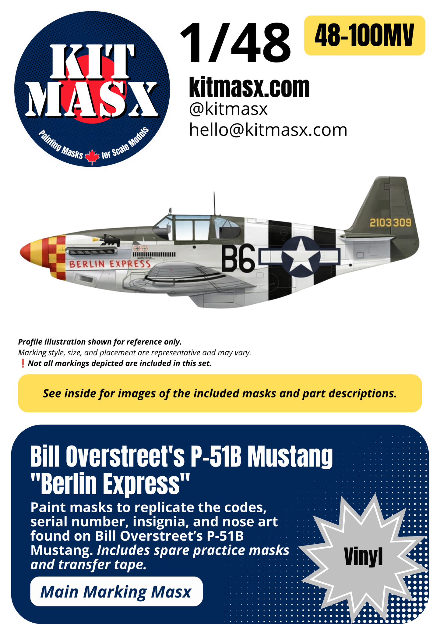 Bill Overstreet's P-51B Mustang "Berlin Express" 1/48 Main Marking Paint Masks