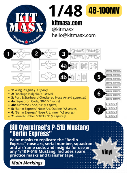 Bill Overstreet's P-51B Mustang "Berlin Express" 1/48 Main Marking Paint Masks