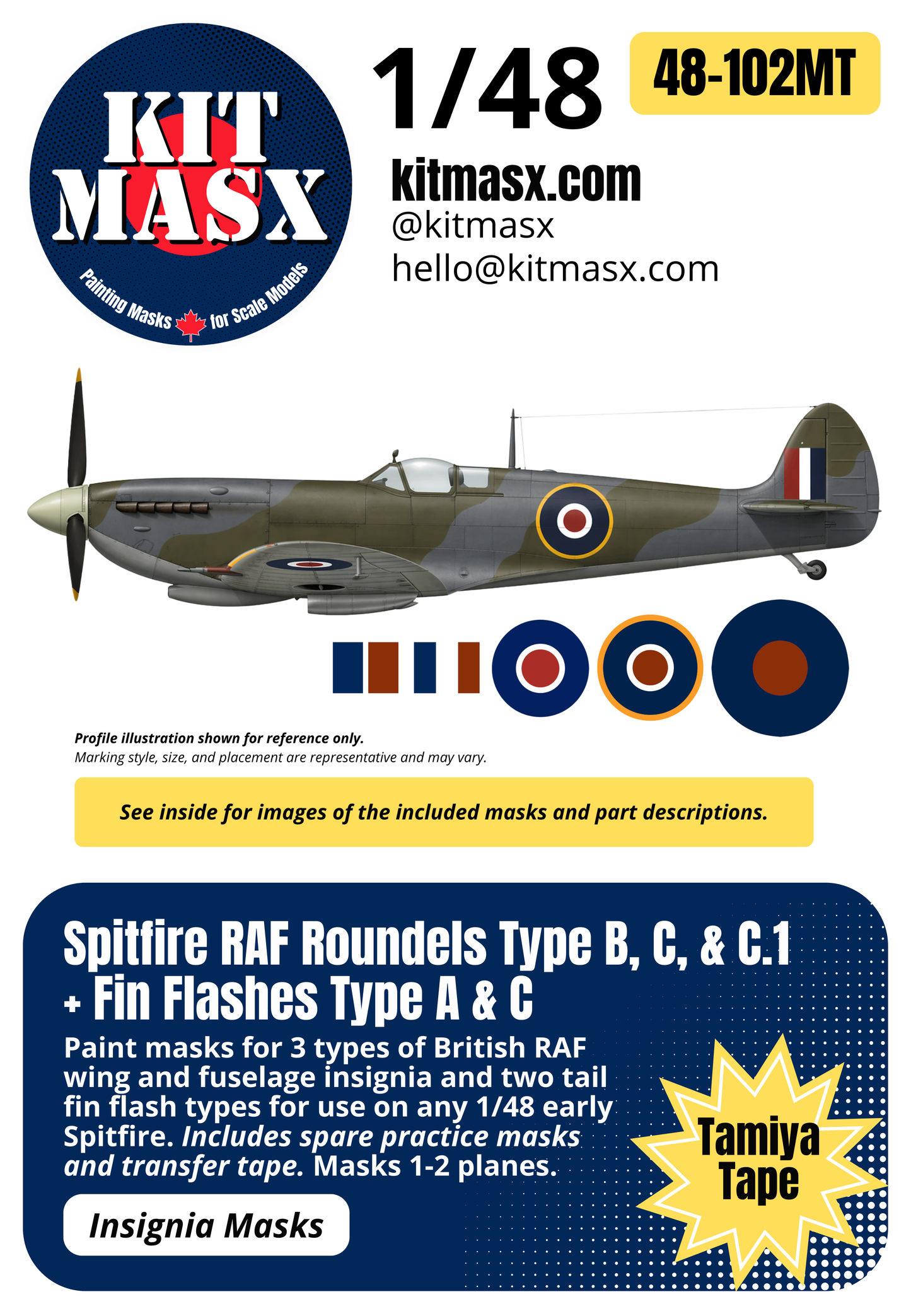 Spitfire RAF Roundels Type B, C, & C.1 + Fin Flashes Type A & C 1/48 National Insignia Paint Masks