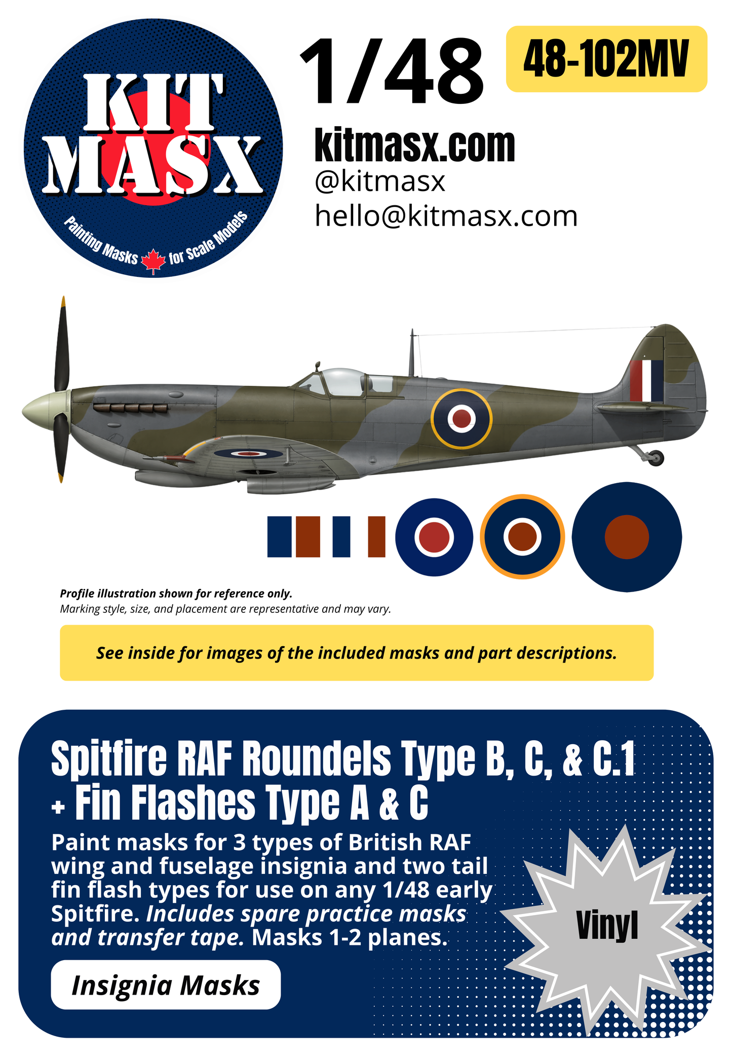 Spitfire RAF Roundels Type B, C, & C.1 + Fin Flashes Type A & C 1/48 National Insignia Paint Masks
