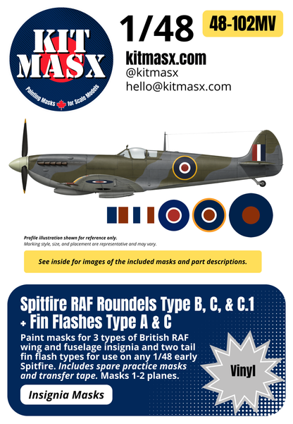 Spitfire RAF Roundels Type B, C, & C.1 + Fin Flashes Type A & C 1/48 National Insignia Paint Masks