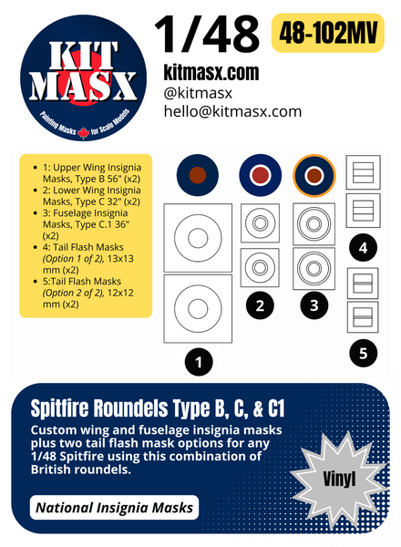 Spitfire Roundels Type B, C, C1 1/48 National Insignia Paint Masks