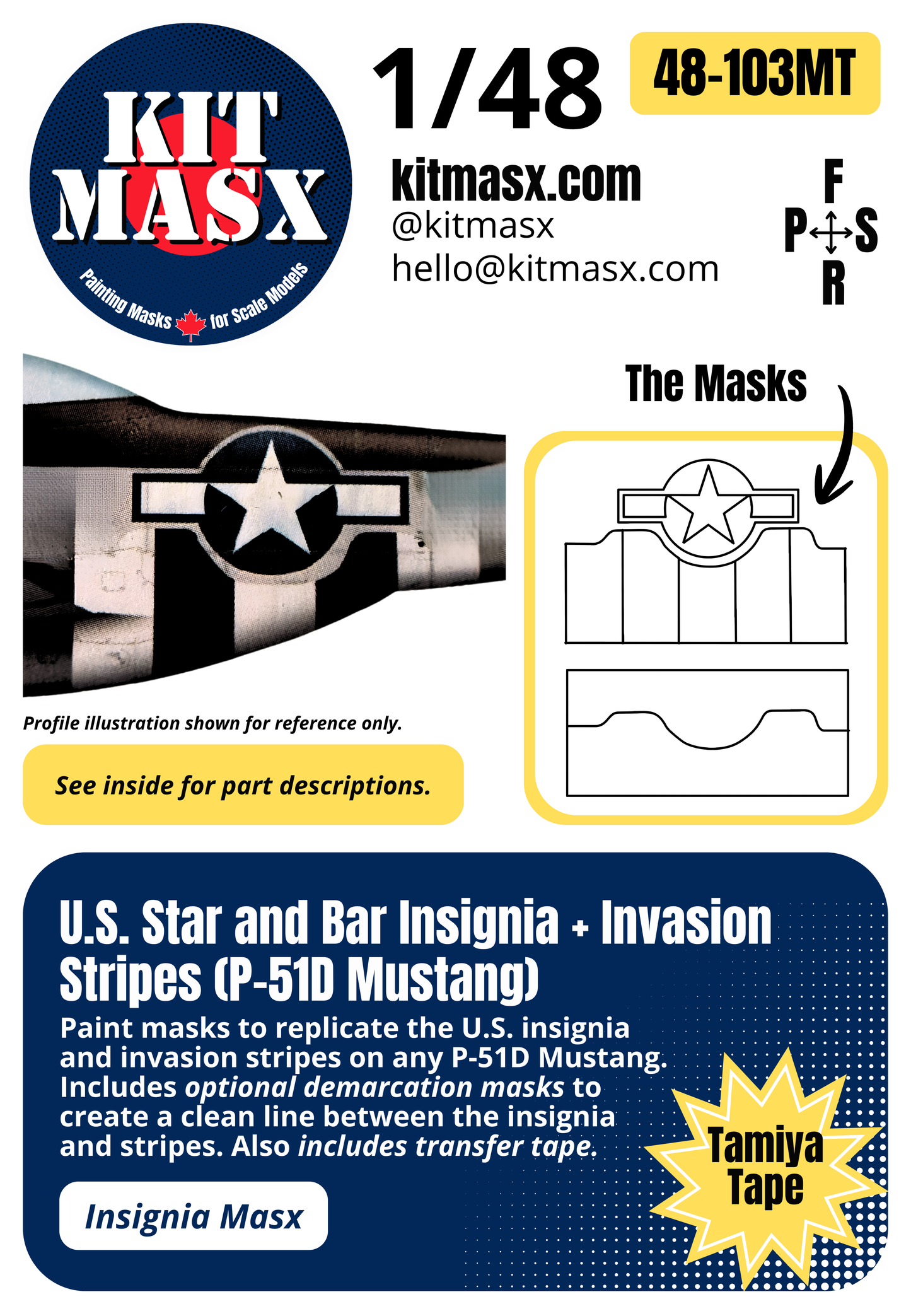 U.S. Star and Bar Insignia + Invasion Stripes (P-51D Mustang) 1/48 Insignia Paint Masks (48103M)