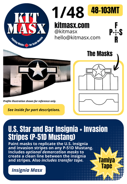 U.S. Star and Bar Insignia + Invasion Stripes (P-51D Mustang) 1/48 Insignia Paint Masks (48103M)