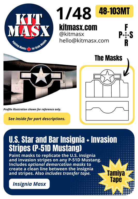 U.S. Star and Bar Insignia + Invasion Stripes (P-51D Mustang) 1/48 Insignia Paint Masks (48103M)