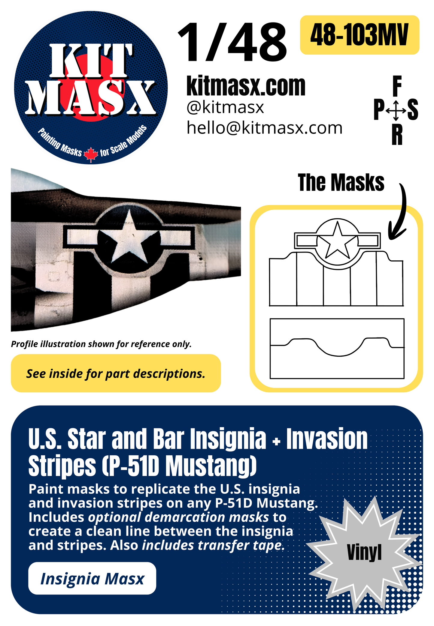 U.S. Star and Bar Insignia + Invasion Stripes (P-51D Mustang) 1/48 Insignia Paint Masks (48103M)