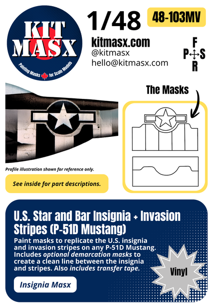 U.S. Star and Bar Insignia + Invasion Stripes (P-51D Mustang) 1/48 Insignia Paint Masks (48103M)