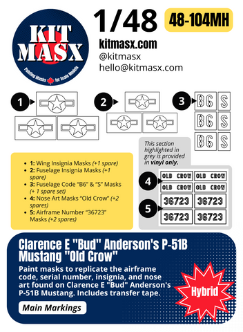 Clarence E "Bud" Anderson's P-51B Mustang "Old Crow" 1/48 Main Marking Paint Masks