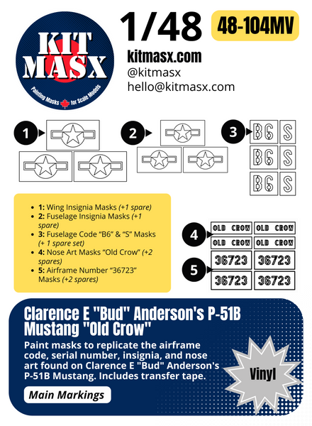 Clarence E "Bud" Anderson's P-51B Mustang "Old Crow" 1/48 Main Marking Paint Masks