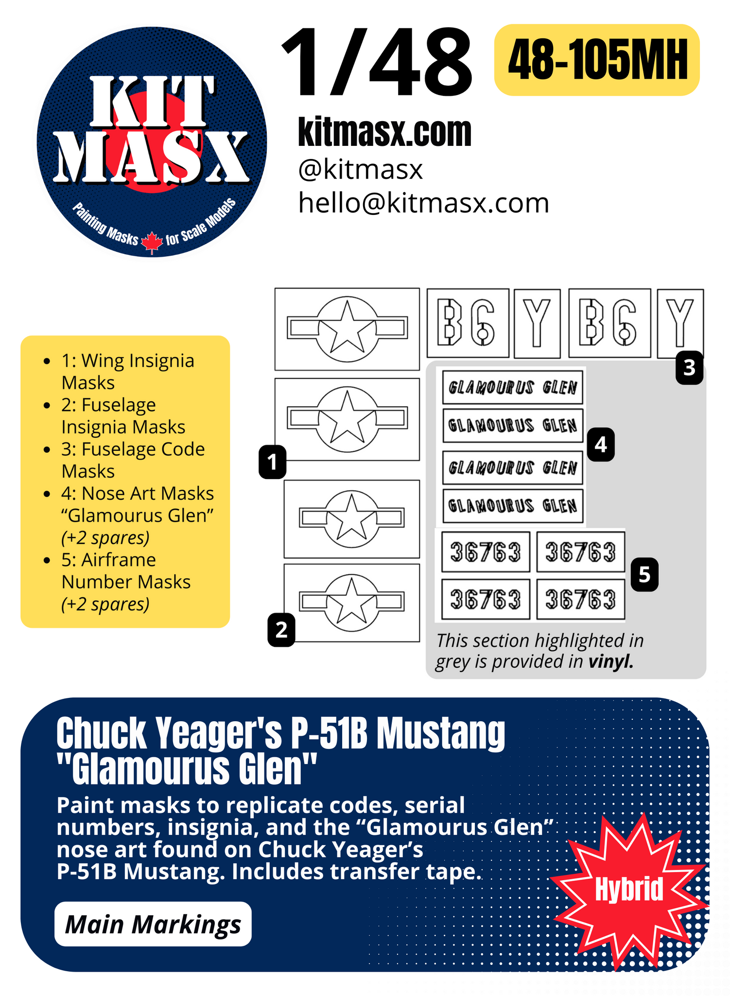 Chuck Yeager's P-51B Mustang "Glamourus Glen" 1/48 Main Marking Paint Masks