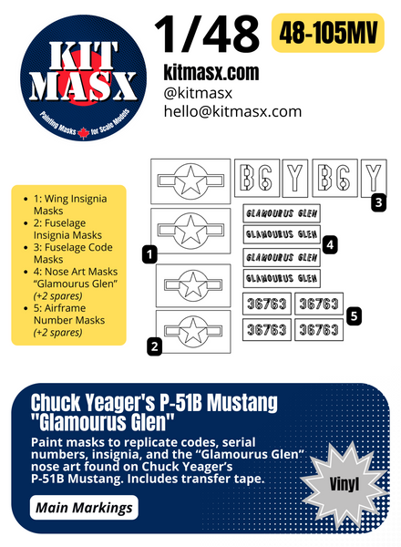 Chuck Yeager's P-51B Mustang "Glamourus Glen" 1/48 Main Marking Paint Masks