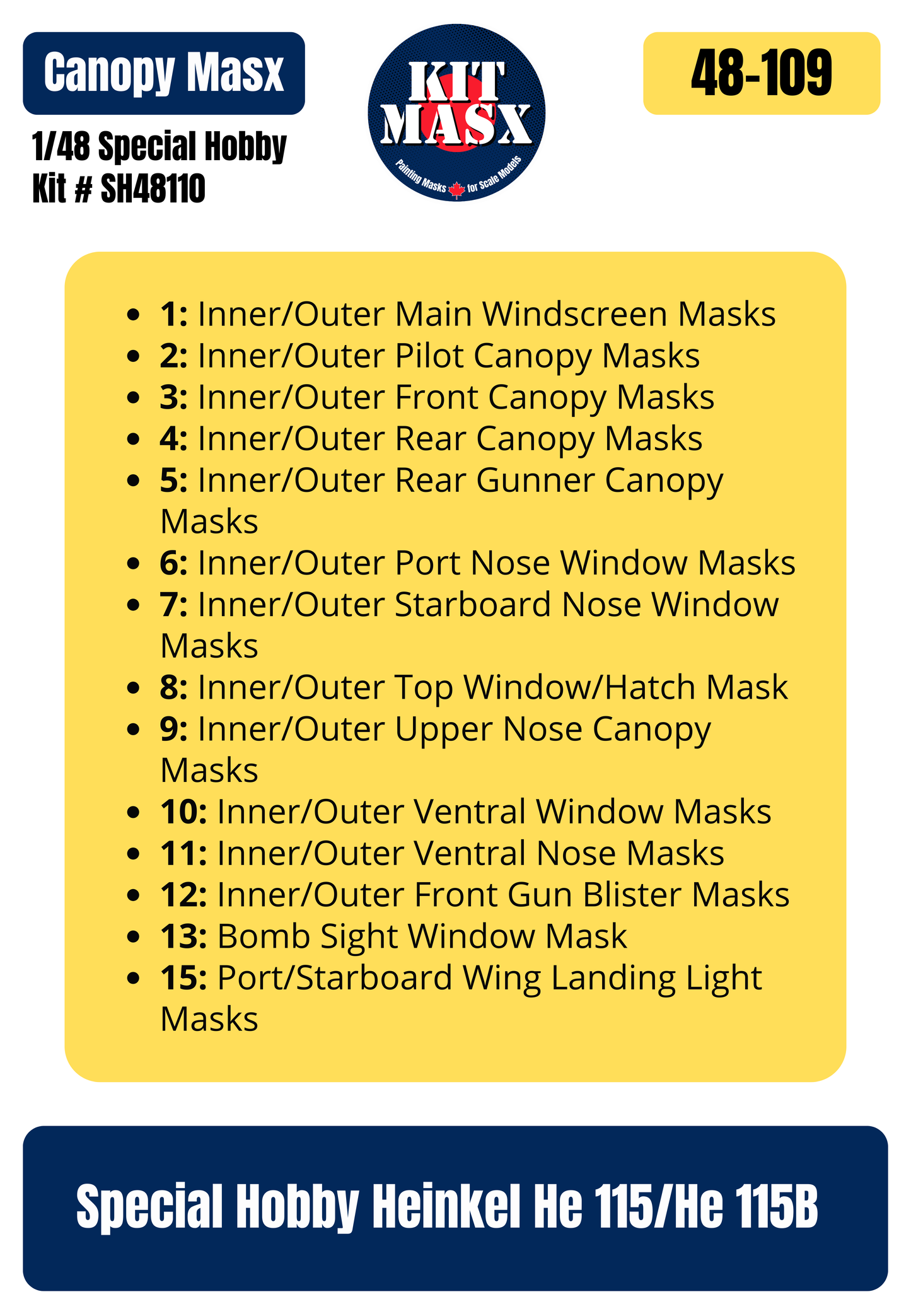 Special Hobby Heinkel He 115/He 115B 1/48 Canopy Paint Masks, Kit # SH48110