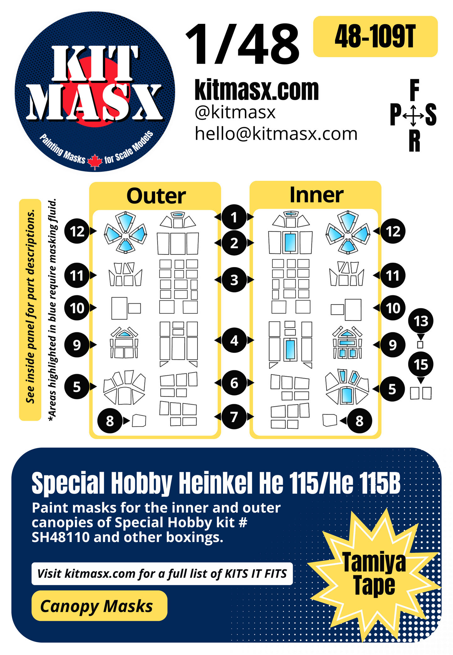 Special Hobby Heinkel He 115/He 115B 1/48 Canopy Paint Masks, Kit # SH48110
