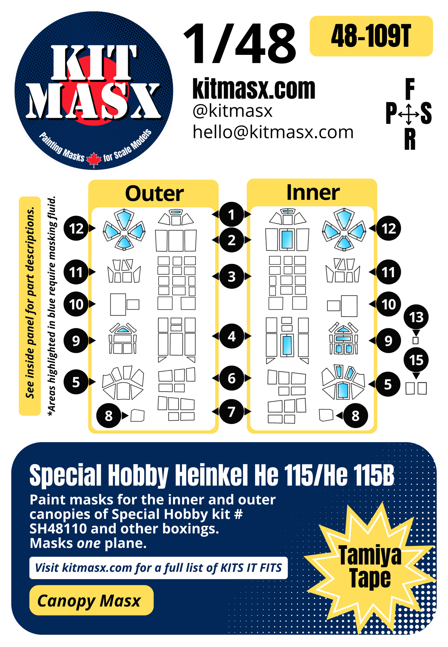 Special Hobby Heinkel He 115/He 115B 1/48 Canopy Paint Masks, Kit # SH48110