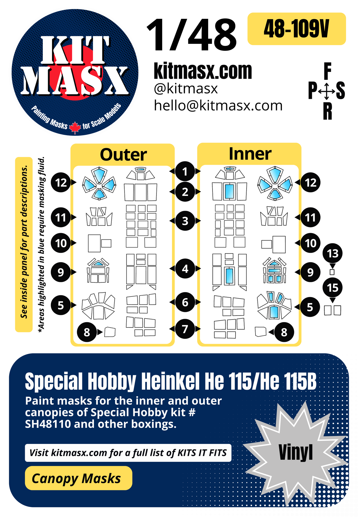 Special Hobby Heinkel He 115/He 115B 1/48 Canopy Paint Masks, Kit # SH48110